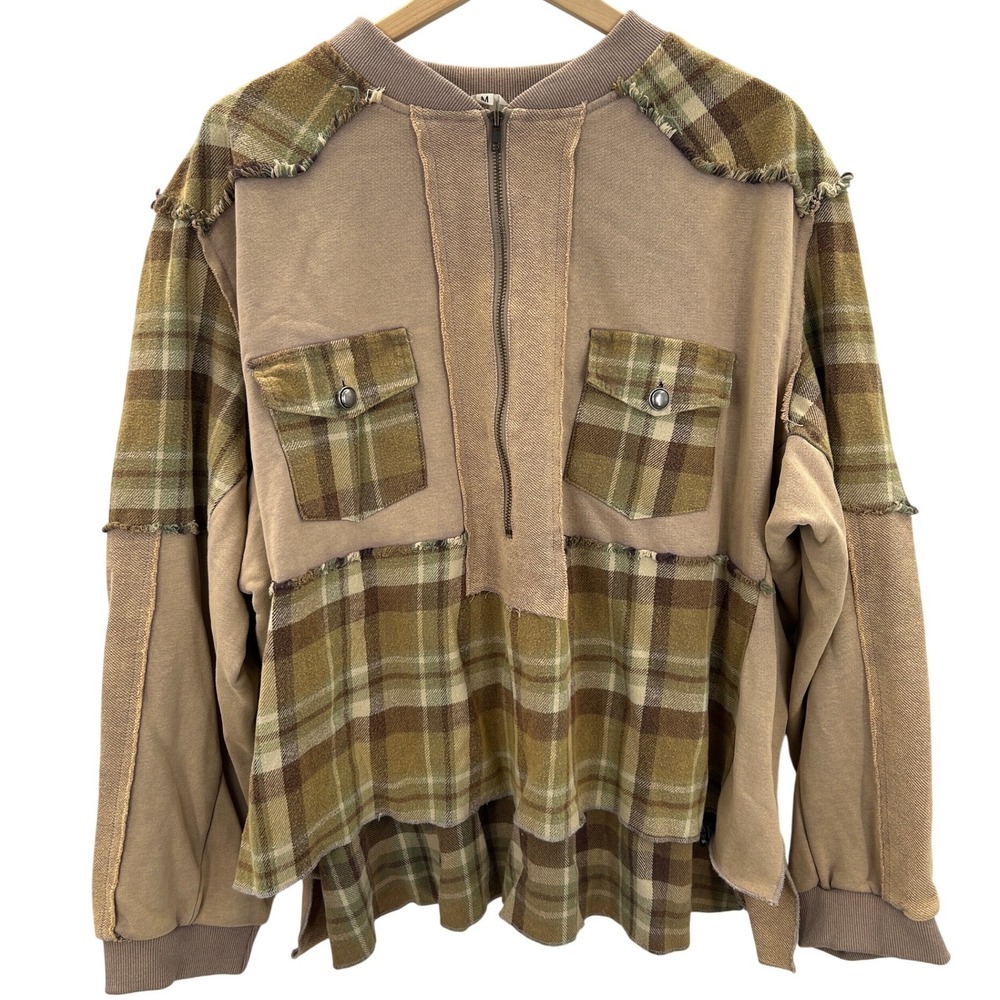 POL Mixed Media Plaid Quarter Zip Pullover Sweatshirt Jacket Baggy Oversized M